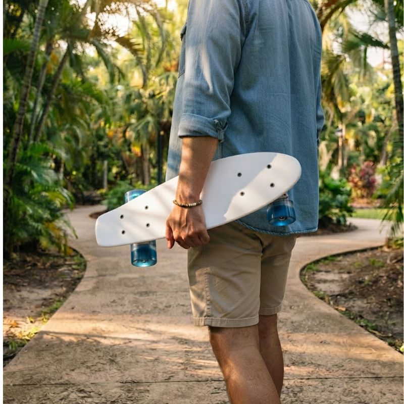 A person from behind walking on a tropical path while holding a white cruiser skateboard with blue wheels.