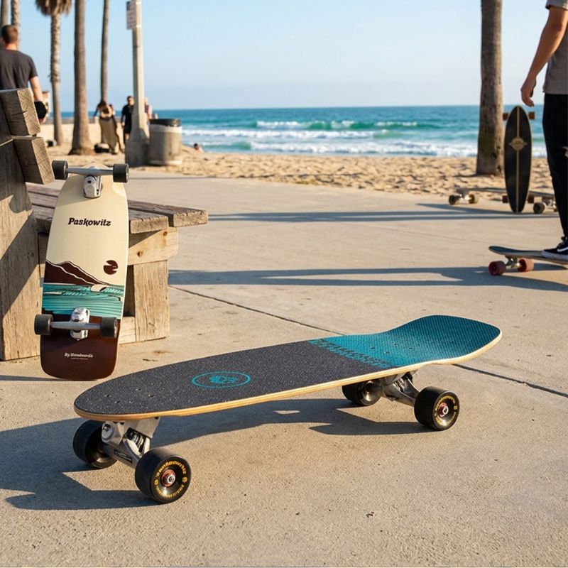 Longboard cruising along a sunny beachside promenade with the ocean in the background