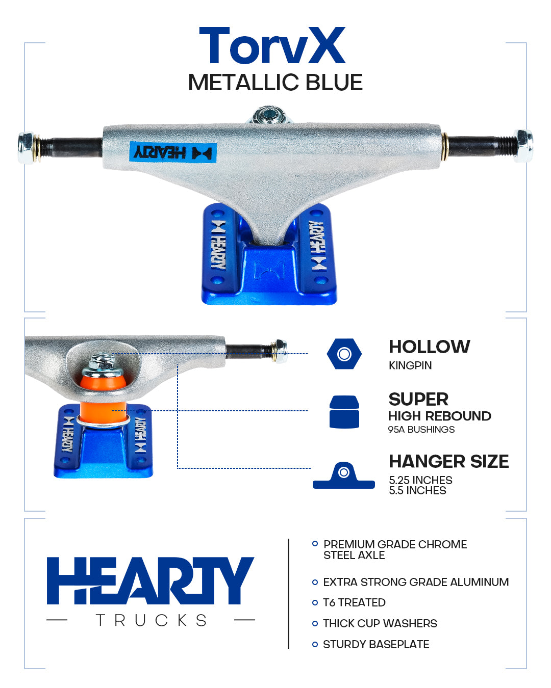 Hearty Skateboard Trucks- TorvX SERIES- Raw/Metallic Blue