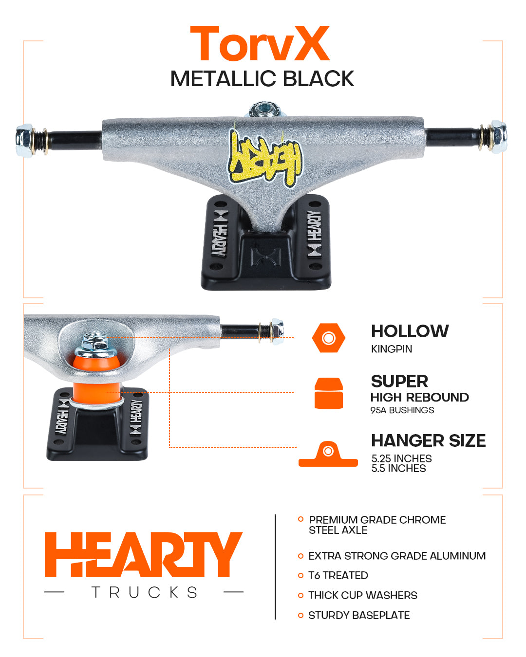Hearty Skateboard Trucks- TorvX SERIES- Raw/Black