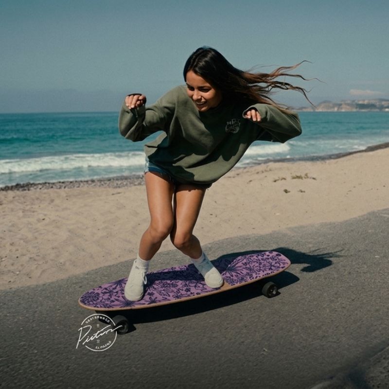 A woman rides a purple patterned skateboard on a beach path with the ocean and sand in the background. She is wearing an olive green sweatshirt, denim shorts, and white socks.