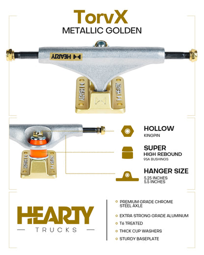 Hearty Skateboard Trucks- TorvX SERIES-  Raw/Gold