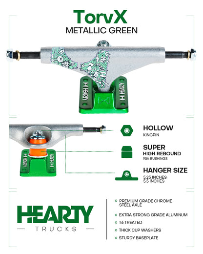 Hearty Skateboard Trucks- TorvX SERIES-  Raw/Metallic Green