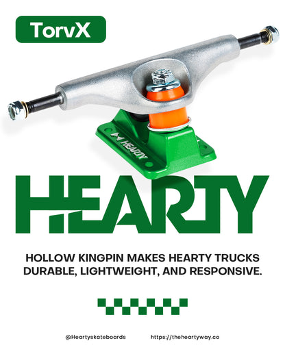Hearty Skateboard Trucks- TorvX SERIES-  Raw/Metallic Green